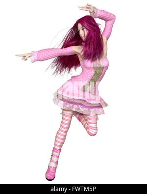 Japanese Girl in Pink Lolita Dress, Dancing Stock Photo