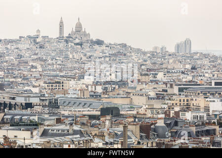 Aerial View of Paris cityscape and Sacre Coeur Cathedral on Montmartre Stock Photo