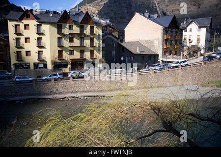 View of Llavorsi village located along river Noguera Pallaresa in province of Lleida Catalonia Spain Stock Photo