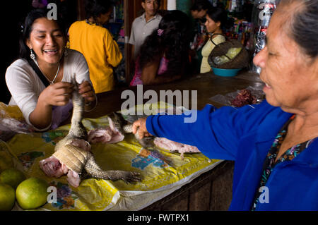 In the market town of Indiana you can buy alligator or crocodile meat, Iquitos, Loreto, Peru. Stock Photo