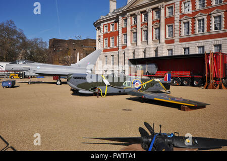 For the 98th anniversary of the Royal Air Force three aircraft from the RAF Museum were displayed in Horse Guards Parade, London, UK. Spitfire Stock Photo