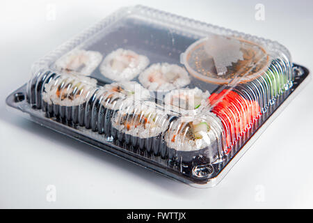 Sushi delivery box on white background. Stock Photo