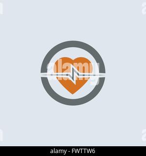 Gray-orange heart with cardiogram round web icon Stock Vector