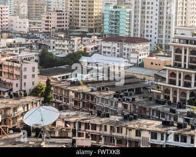 Architecture in downtown of Dar es Salaam, Tanzania, East Africa, in the evening, at sunset. Horizontal orientation. Stock Photo