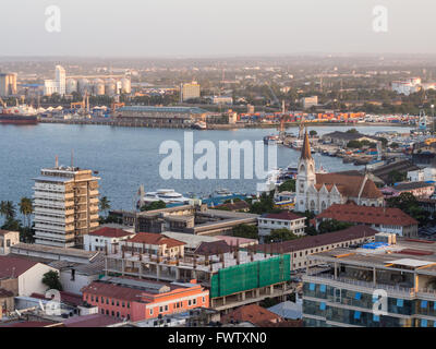 Architecture in downtown of Dar es Salaam, Tanzania, East Africa, in the evening, at sunset. Horizontal orientation, wide angle. Stock Photo