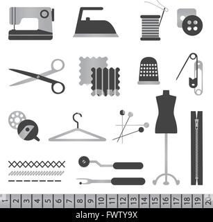 Various isolated black and silver sewing icons Stock Vector