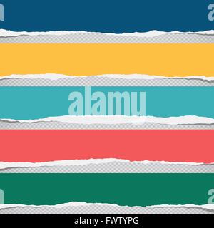 Pieces of torn colorful blank paper sticked on gray squared pattern Stock Vector
