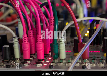 audio cables in music studio - modular synthesizer, analogue synth closeup Stock Photo