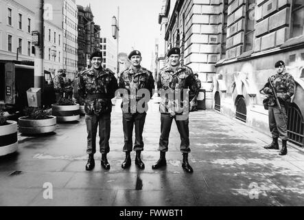 Northern Ireland 1984 - Lieutenant-colonels David Beveridge , Mike Constantine and Paddy Panton all from battalions of The Queen's Regiment at a rare parade outside Belfast City Hall in 1984 Stock Photo