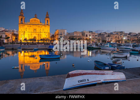 Dawn Msida Yacht Marina, Malta. Msida parish church. Stock Photo