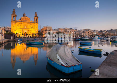 Dawn Msida Yacht Marina, Malta. Msida parish church. Stock Photo