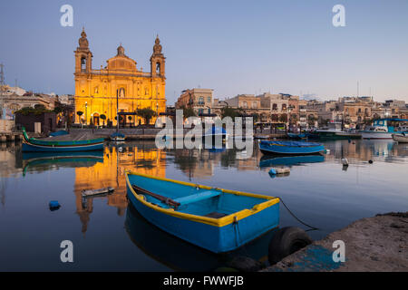 Dawn at Msida Yacht Marina, Malta. Msida parish church. Stock Photo