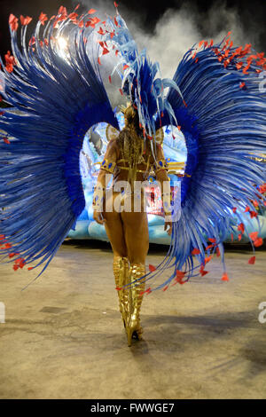 Samba dancer from behind, parade of the samba school Uniao da Ilha do Governador, Carnival 2016 in the Sambodromo Stock Photo
