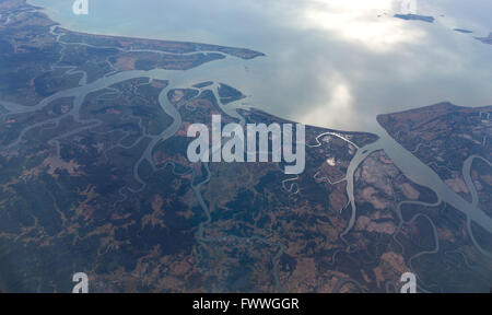 Aerial view, Irrawaddy River delta, Gulf of Martaban estuary, Andaman Sea, Myanmar Stock Photo
