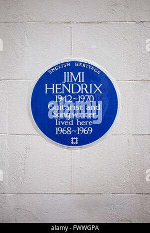 A blue plaque marking the location where iconic guitarist Jimi Hendrix once lived in central London, England. Stock Photo