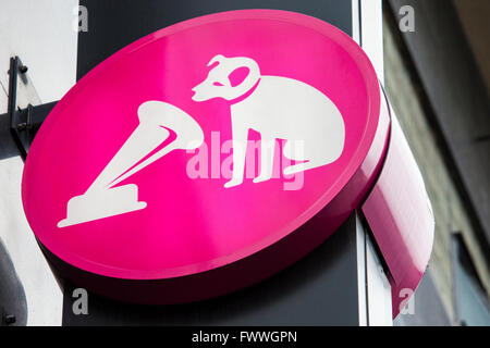 LONDON, UK - APRIL 7TH 2016: A close-up of the HMV logo on the exterior of the HMV retail store on Oxford Street in London, on 7
