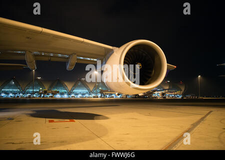 Turbo fan of a airplane parking at gate in Suvarnabhumi Airport, Thailand Stock Photo