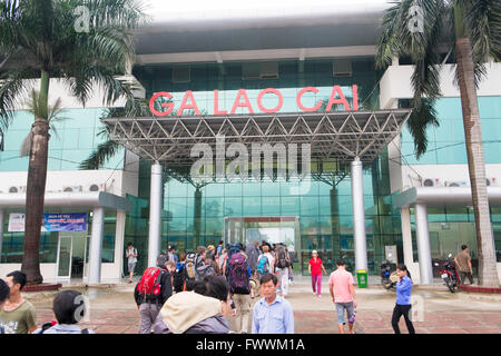 Lao Cai railway station where the overnight train from Hanoi arrives for those visiting the mountain town Sapa,north Vietnam Stock Photo