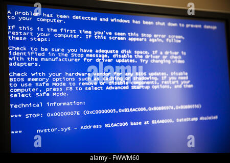 Blue screen of death on Windows computer Stock Photo