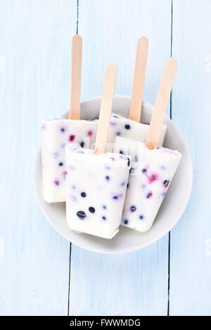 Homemade frozen ice cream popsicles from yogurt and blueberry Stock Photo