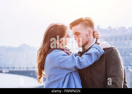 affectionate couple, portrait of young happy man and woman, love in the city Stock Photo