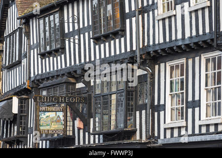 Hathaway Tea Rooms, detail of the medieval half-timbered facade of the Hathaway Tea Rooms in High Street, Stratford Upon Avon, England, UK Stock Photo