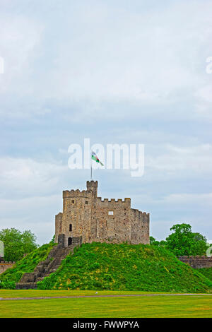 Keep Tower with a flag in Cardiff Castle in Cardiff in Wales of the United Kingdom. Cardiff is the capital of Wales. Stock Photo