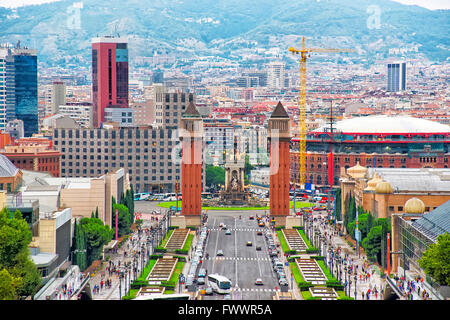 Venetian towers on Plaza de Espana on Montjuic in Barcelona in Spain. Placa Espanya is one of the most important and well-known Stock Photo