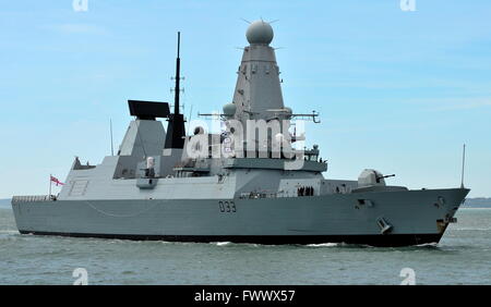 File Pic. - Royal Navy cut-backs - Portsmouth, England. 5th June, 2014. The Type 45 Destroyer HMS Dauntless, one of the Royal Navy's most modern warships, seen here entering the naval base, is to be docked in Portsmouth six months ahead of schedule for training purposes due to manpower shortages. Photo: Tony Holland/Ajax/alamy Live News. Stock Photo