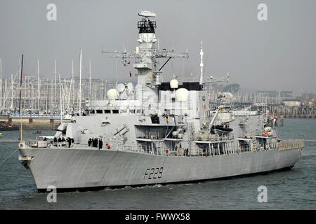 File Pic. - Royal Navy cut-backs - Portsmouth, England. 8th March, 2014. The Type 23 Frigate HMS Lancaster seen here leaving the naval base, is to be docked in Portsmouth six months ahead of schedule for training purposes due to manpower shortages. Photo: Tony Holland/Ajax/alamy Live News. Stock Photo