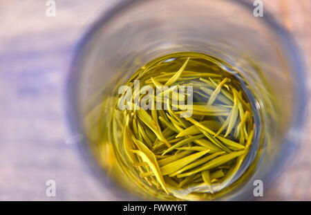 Xuan'en, China's Hubei Province. 7th Apr, 2016. Tea leaves are soaked in a cup of water in Zhongcunba Village of Xuan'en County, central China's Hubei Province, April 7, 2016. © Song Wen/Xinhua/Alamy Live News Stock Photo