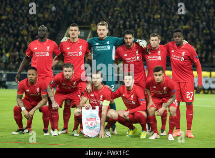 Dortmund, Germany. 07th Apr, 2016. Liverpool's Mamadou Sakho (L-R), Dejan Lovren, Simon Mignolet, Emre Can, James Milner, Divock Origi and Nathaniel Clyne (front L-R), Alberto Moreno, Jordan Henderson, Adam Lallana and Philippe Coutinho pose for a team photo during the Europa League match between Dortmund and FC Liverpool at Signal Iduna Park in Dortmund, Germany, 07 April 2016. Photo: Bernd Thissen/dpa/Alamy Live News Stock Photo