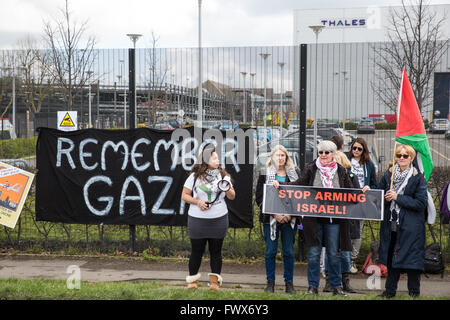 Crawley, UK. 8th April, 2016. Human rights campaigners protest outside the Thales arms factory in Crawley against the company’s joint venture with Israeli arms company Elbit Systems for the manufacture of Watchkeeper drones. Credit:  Mark Kerrison/Alamy Live News Stock Photo