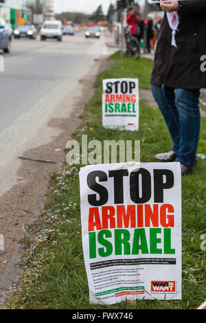 Crawley, UK. 8th April, 2016. Placards outside the Thales arms factory in Crawley during a protest against the company’s joint venture with Israeli arms company Elbit Systems for the manufacture of Watchkeeper drones. Credit:  Mark Kerrison/Alamy Live News Stock Photo