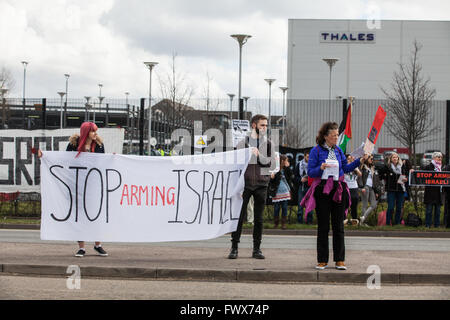 Crawley, UK. 8th April, 2016. Human rights campaigners protest outside the Thales arms factory in Crawley against the company’s joint venture with Israeli arms company Elbit Systems for the manufacture of Watchkeeper drones. Credit:  Mark Kerrison/Alamy Live News Stock Photo