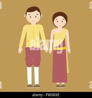 couple man woman wearing thai traditional costume clothes dress male female vector illustration Stock Vector
