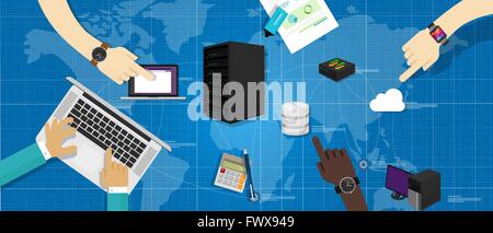 intranet network server database router cloud internet interconnected world map IT infrastructure management Stock Vector