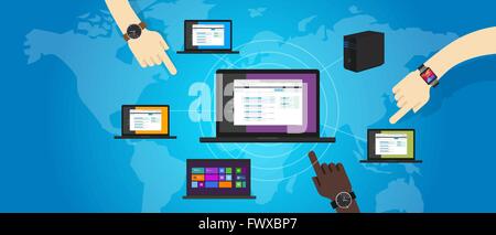 network lan local area networking laptop connect computer ethernet wide Stock Vector