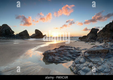 Sunset on the beach at Porthcothan Bay on the north coast of Cornwall Stock Photo
