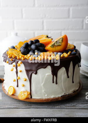 birthday cake with fruits decorations, food closeup Stock Photo