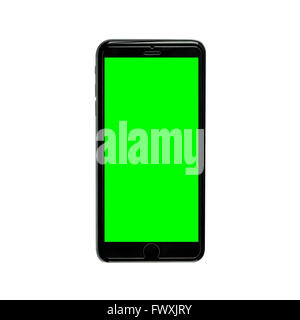 Realistic black mobile phone with green blank screen Stock Photo
