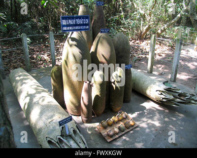 An assortment of mortar shells, explosives and grenades on display. Stock Photo