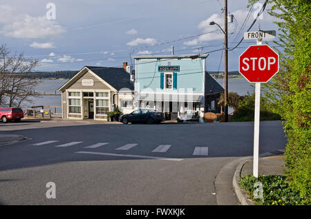 Front Street with shops and restaurants on the waterfront of Coupeville, Washington, on Whidbey Island. Stock Photo