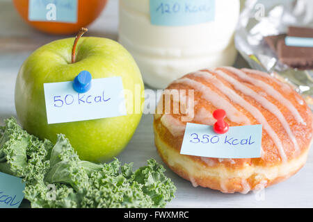 Calorie counting and food with labels concept Stock Photo