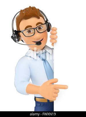 3d business people. Call center worker pointing aside. Blank space. Isolated white background. Stock Photo