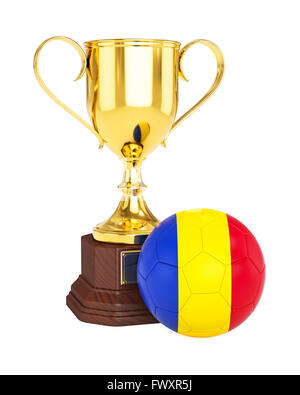 Gold trophy cup and soccer football ball with Romania flag Stock Photo