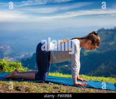 Sporty fit woman practices yoga asana bitilasana outdoors Stock Photo