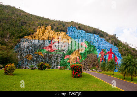 Mural de la Prehistoria (Prehistory) by Leovigildo Gonzalez, Vinales valley, Pinar del Rio, Cuba Stock Photo