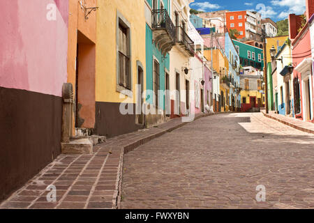 Street view of Guanajuato City, Mexico the UNESCO World Heritage Site. 16th century old city. Stock Photo