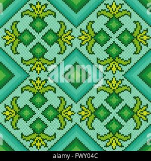Abstract Ornamental Seamless Vector Pattern as a stylish Fabric Knitted geometric and floral texture in turquoise, green and yel Stock Vector